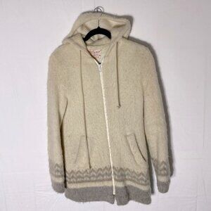 Vintage Jasper Cream Grey Pure Virgin Wool Jacquard Trim Knit Zip Front Hoodie L